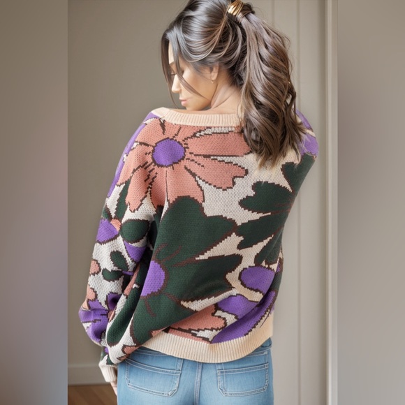 Flower Round Neck Dropped Shoulder Sweater - Picture 2 of 3